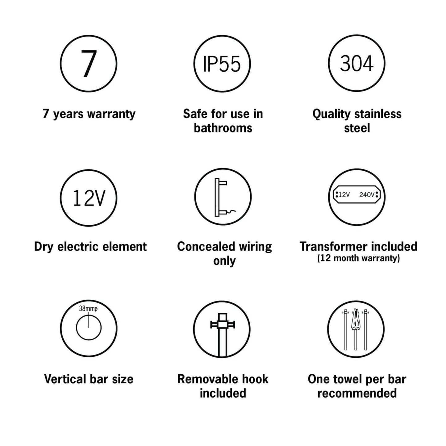 Thermorail Straight/Round 12Volt Vertical Bar 900X142X100MM 26Watts With Optional Hook - Horizon Blue - Reno Spares