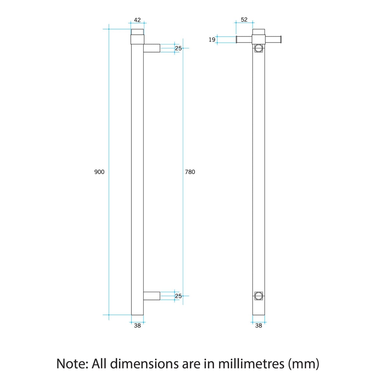 Thermorail Straight/Round 12Volt Vertical Bar 900X142X100MM 26Watts With Optional Hook - Lilac Satin - Reno Spares