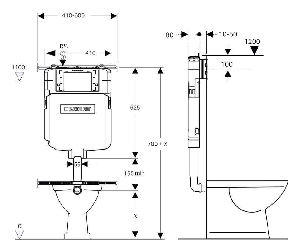 Package - Fino WhisperFlush Gloss White Floor Mounted Pan & Thick Seat + Geberit In-wall Cistern + Flush Plate