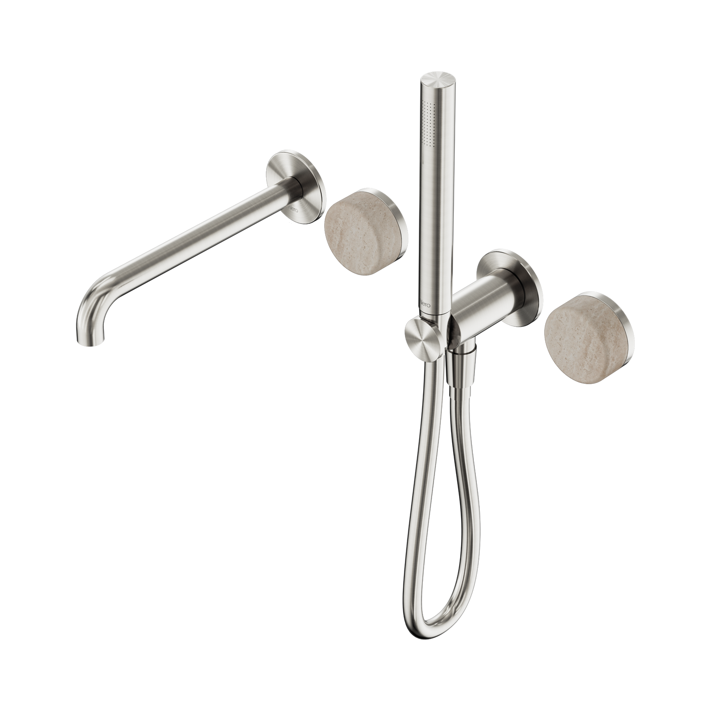 Serenity Progressive Shower System With Spout With Rome Travertine Handle And Slim Shower Brushed Nickel