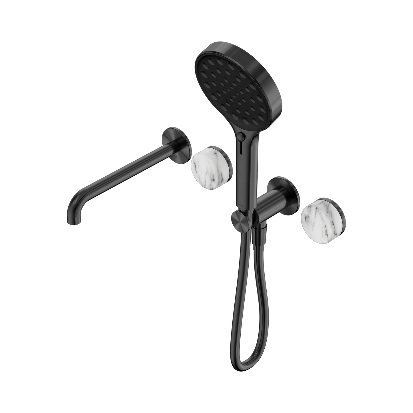 Serenity Progressive Shower System With Spout With Arabescato Corchia Handle And Serenity Hand Shower Gun Metal