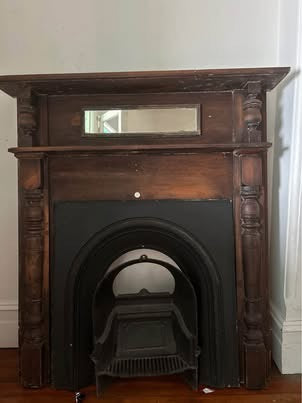 EDWARDIAN TALL OAK FIRE SURROUND MIRROR MANTLEPIECE WITH CAST IRON FIREPLACE