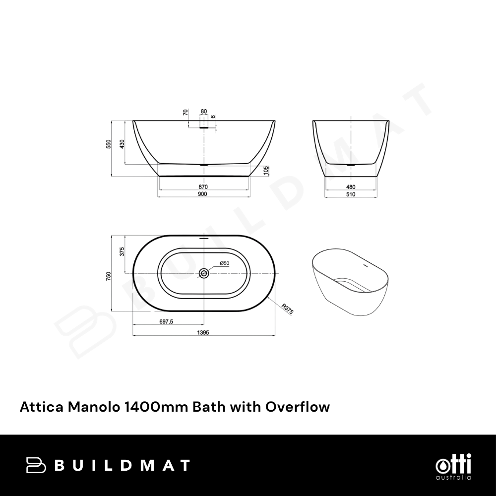 Otti Attica Manolo 1400mm Bath with Overflow Gloss White