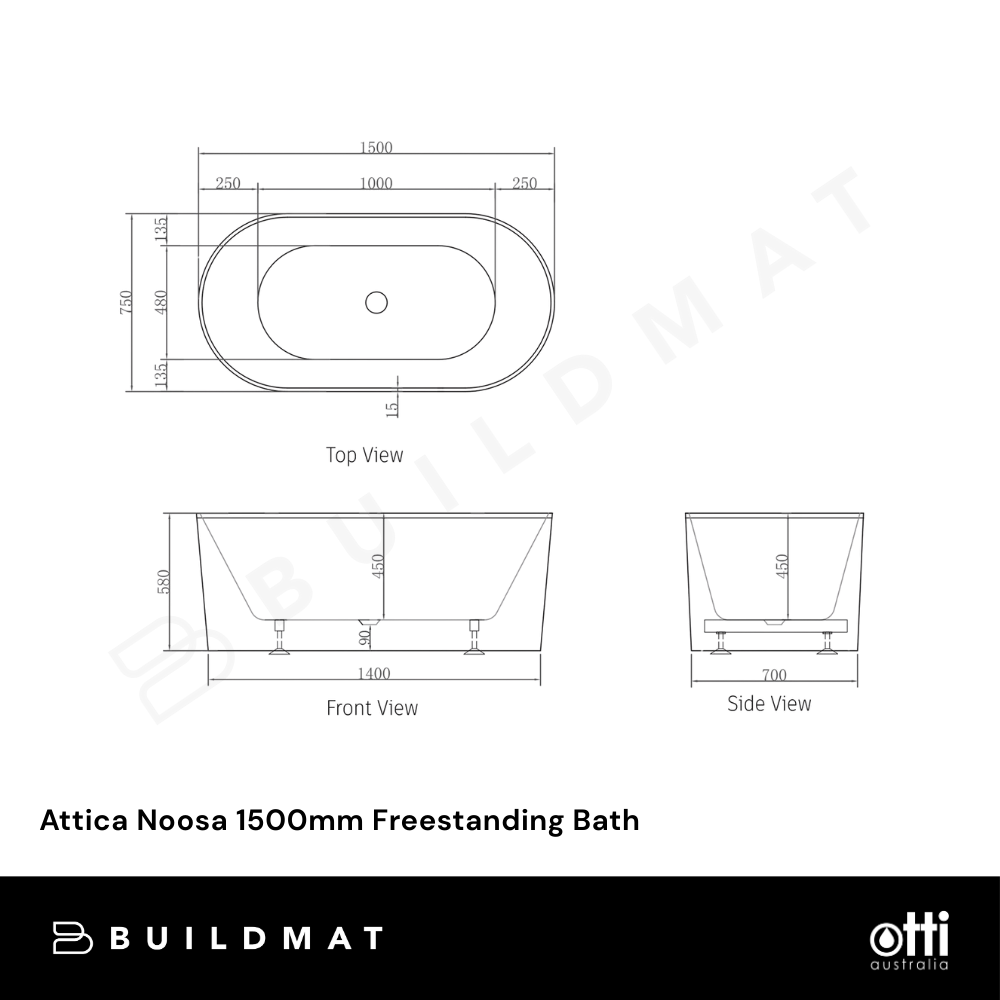 Otti Attica Noosa 1500mm Freestanding Bath Matte White