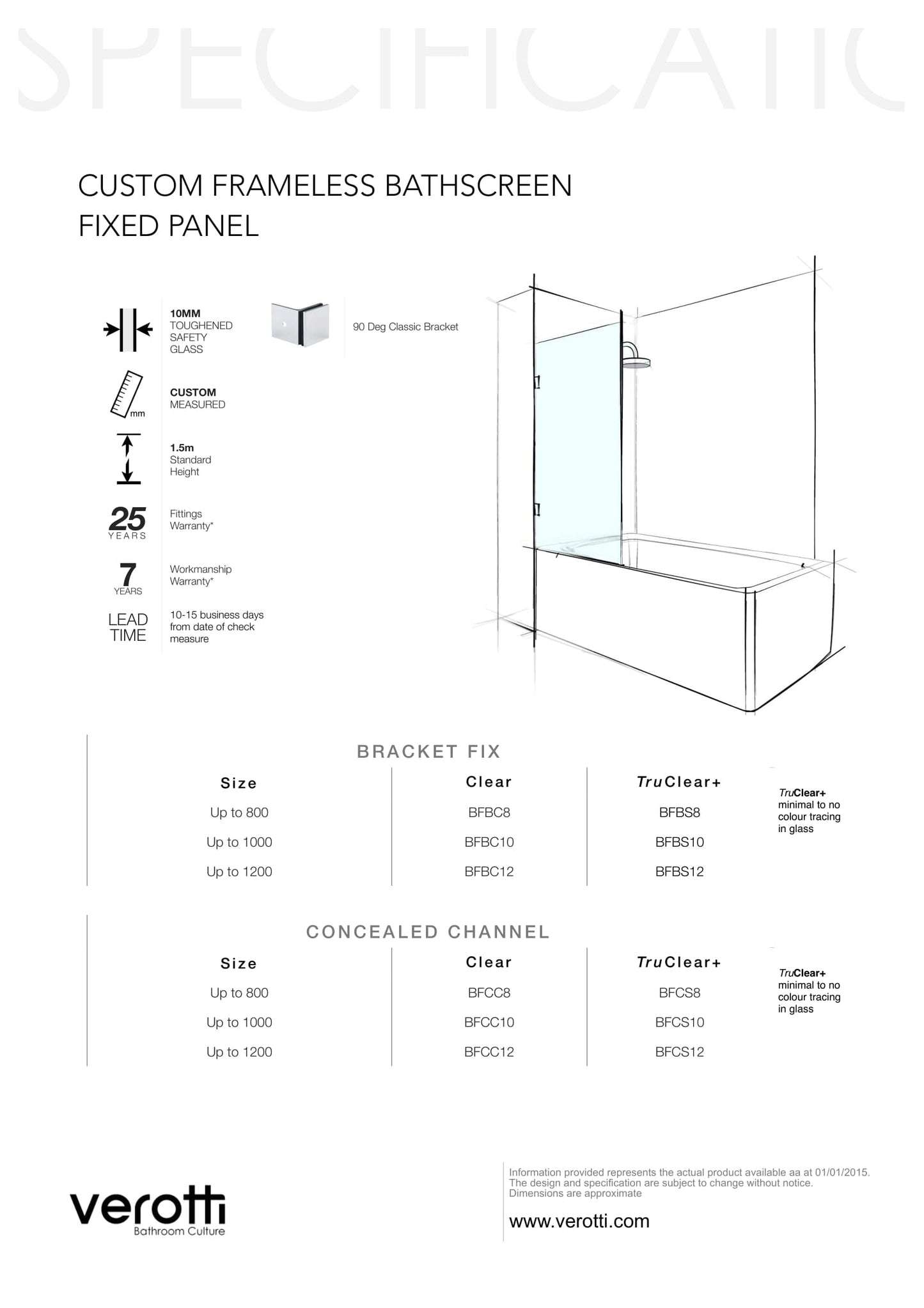 Custom Frameless Bathscreen Swing Panel (From Wall) - Up to 800 / TruClear+ / Hinged