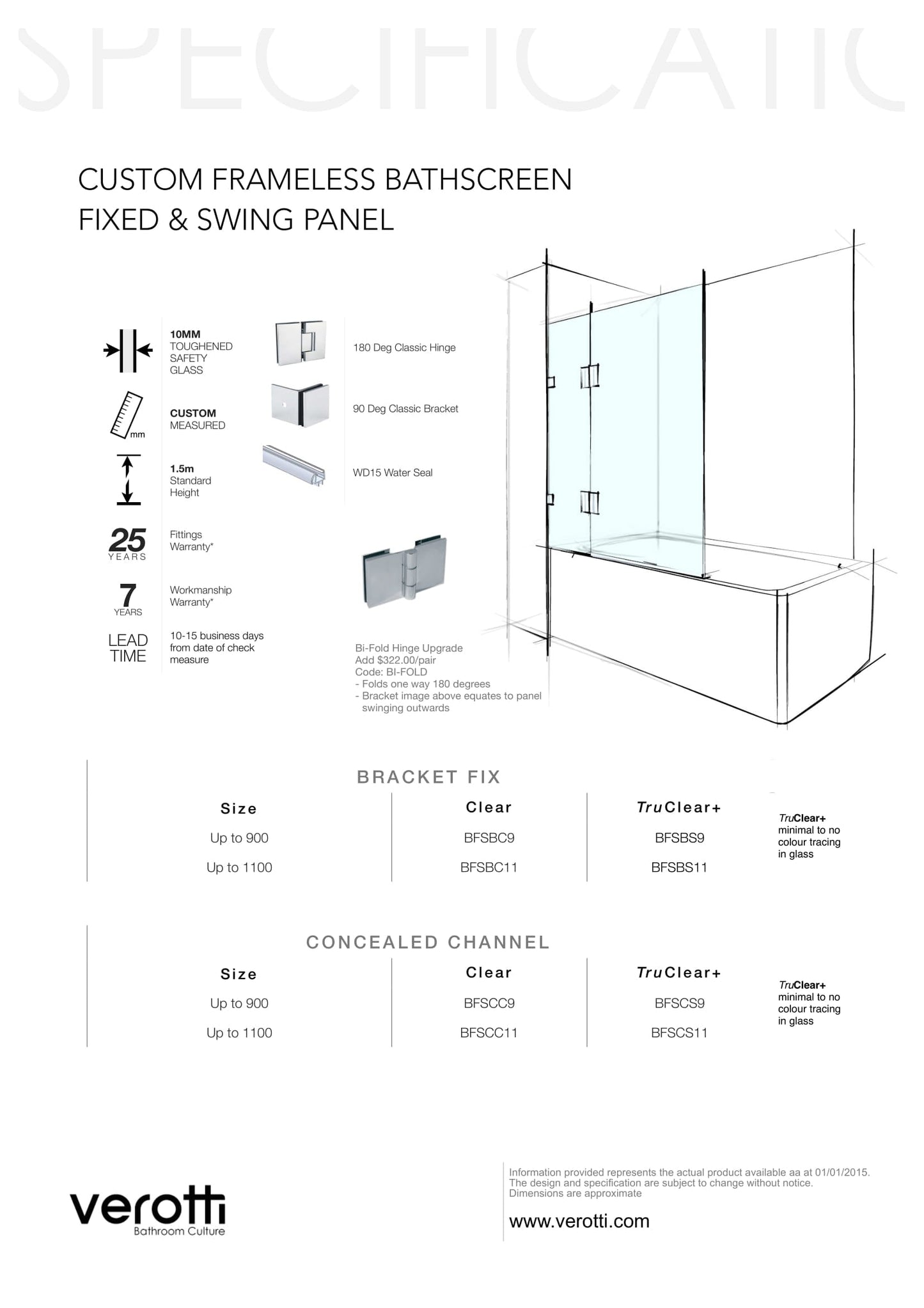 Custom Frameless Bathscreen Fixed & Swing Panel - Up to 900 / Bronze / Concealed Channel