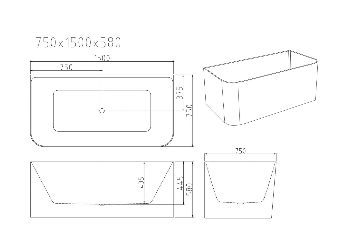 Bullion Ultra-Thin Back-to-Wall Bathtub - 1500mm / Gloss White