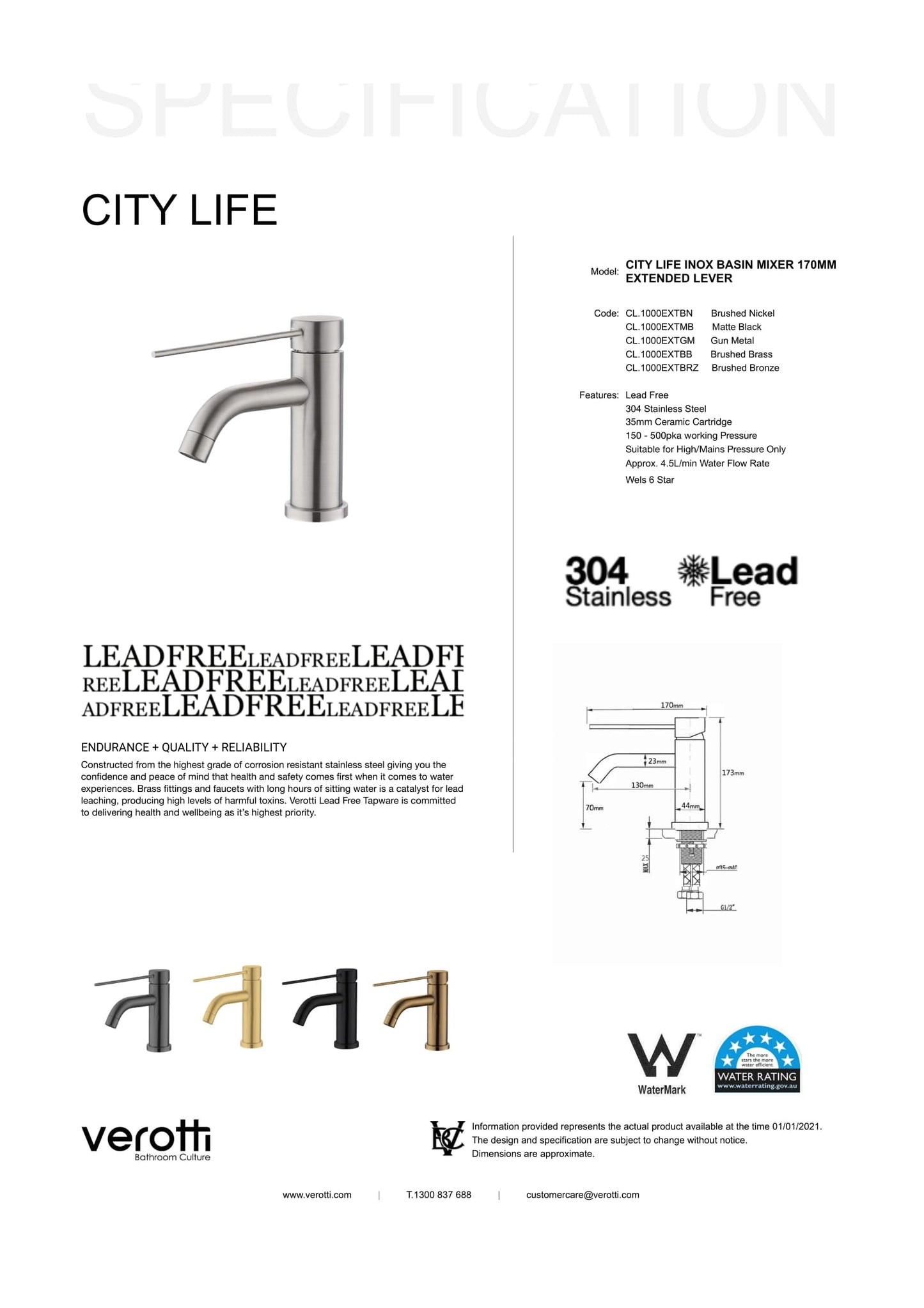 City Life Inox Care Basin Mixer 170mm Extended Lever