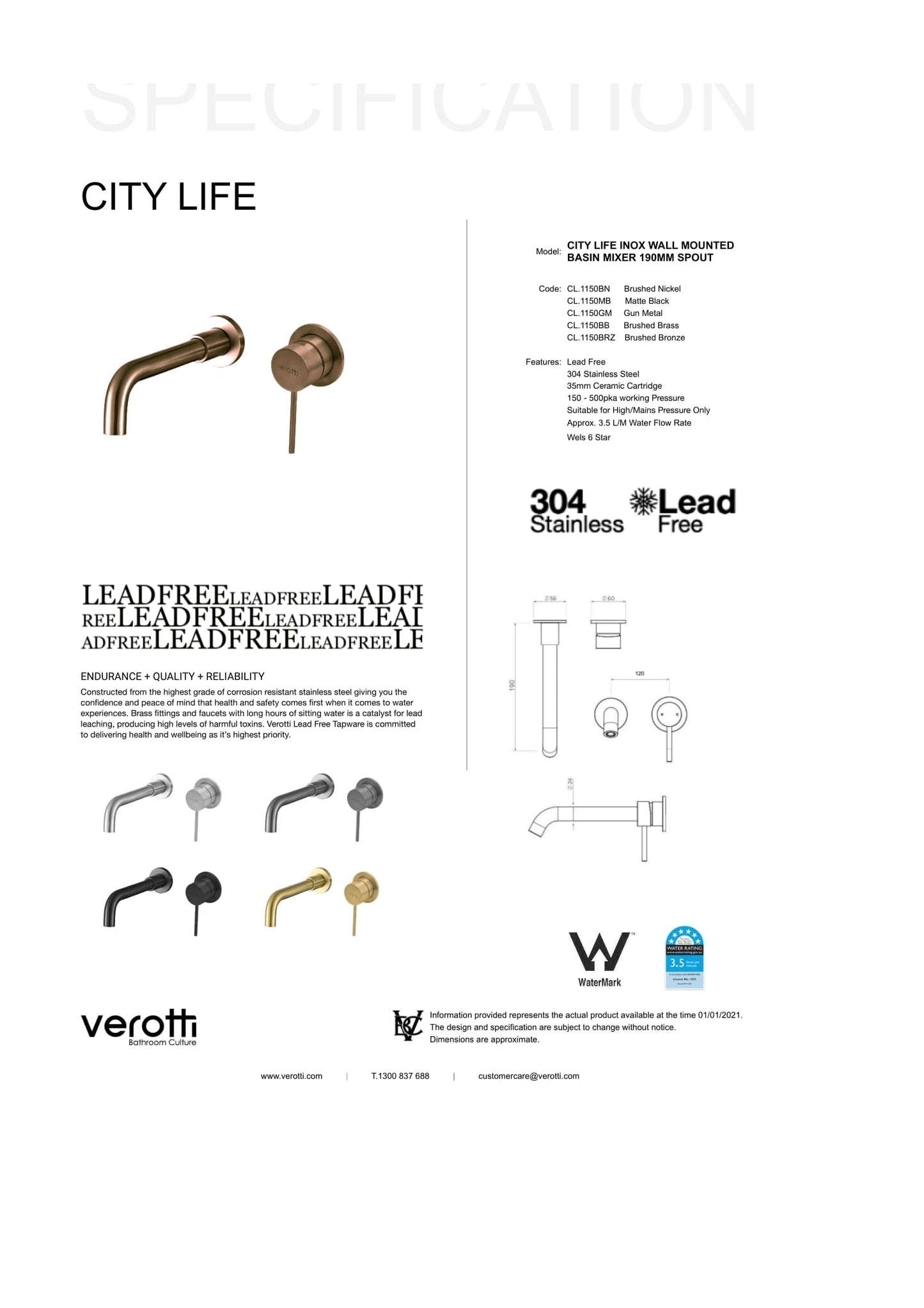 City Life Inox Wall Mounted Basin Mixer 190mm Spout