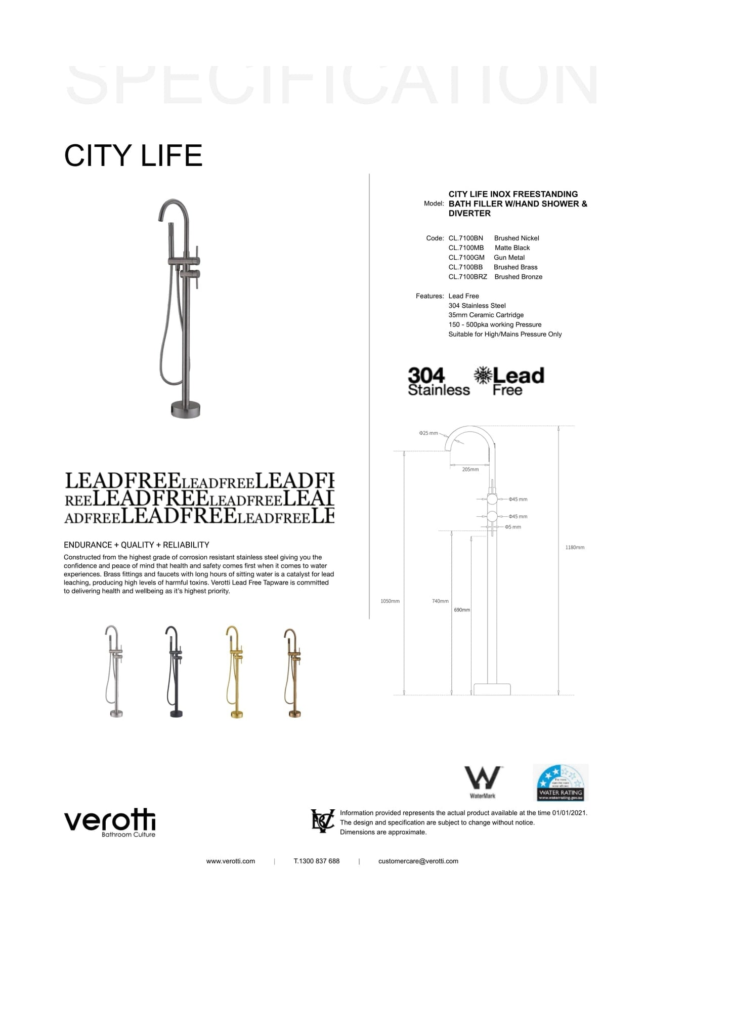 City Life Inox Freestanding Bath Filler w/ Hand Shower & Diverter