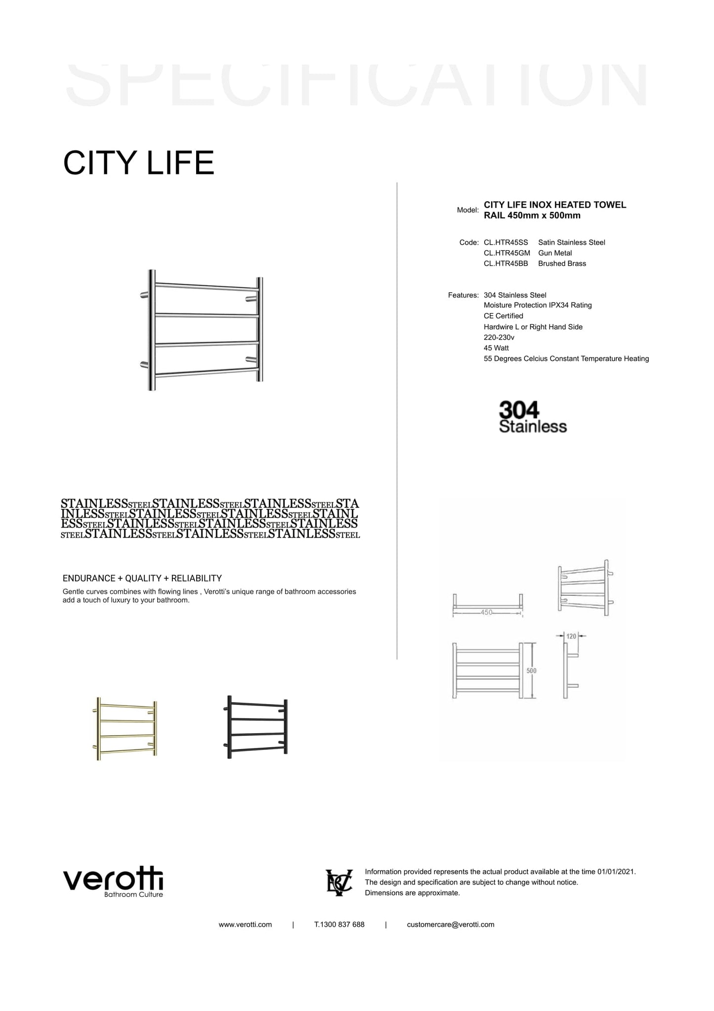 City Life Inox Heated Towel Rail 450mm x 500mm