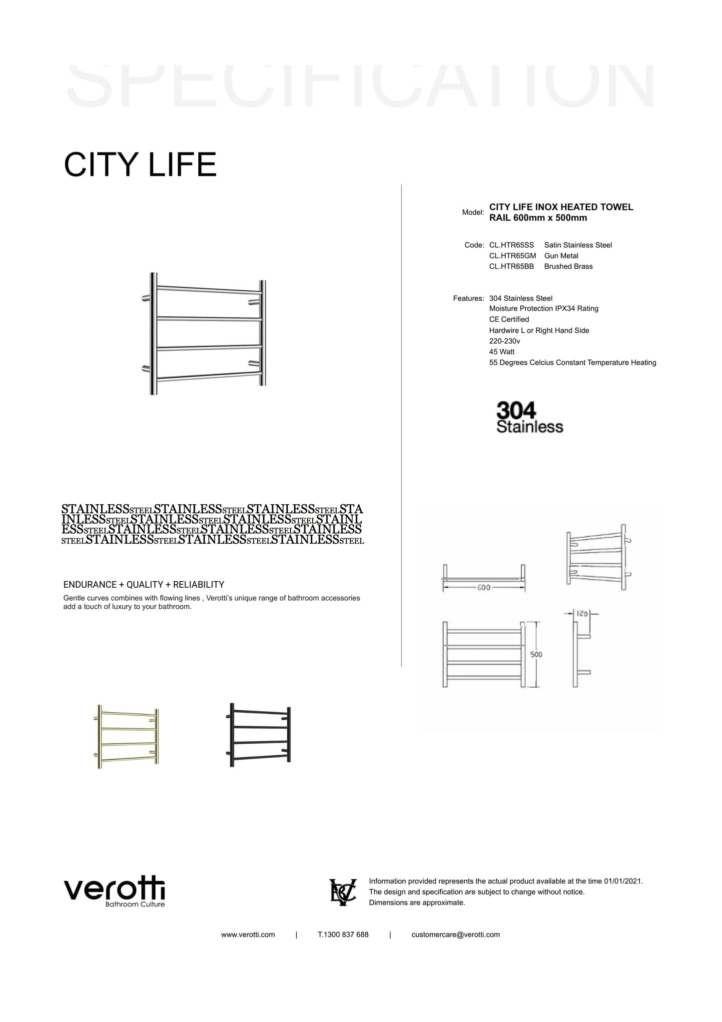City Life Inox Heated Towel Rail 600mm x 500mm