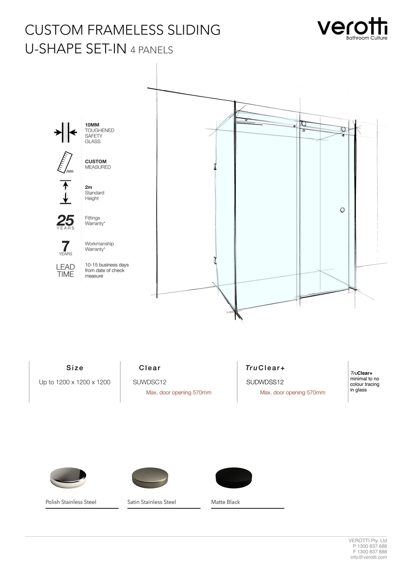Custom Frameless Sliding U-Shape Set-In (4 Panels) - Up to 1200 x 1200 x 1200 / Clear / Concealed Channel