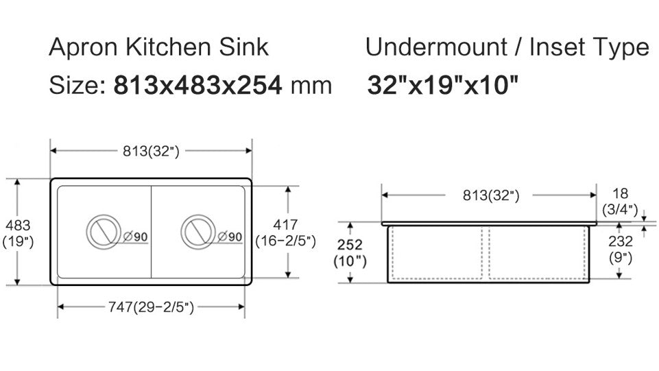 Procida Fireclay Inset/Undermount Sink 813mm x 483mm x 254mm - Gloss White / Double