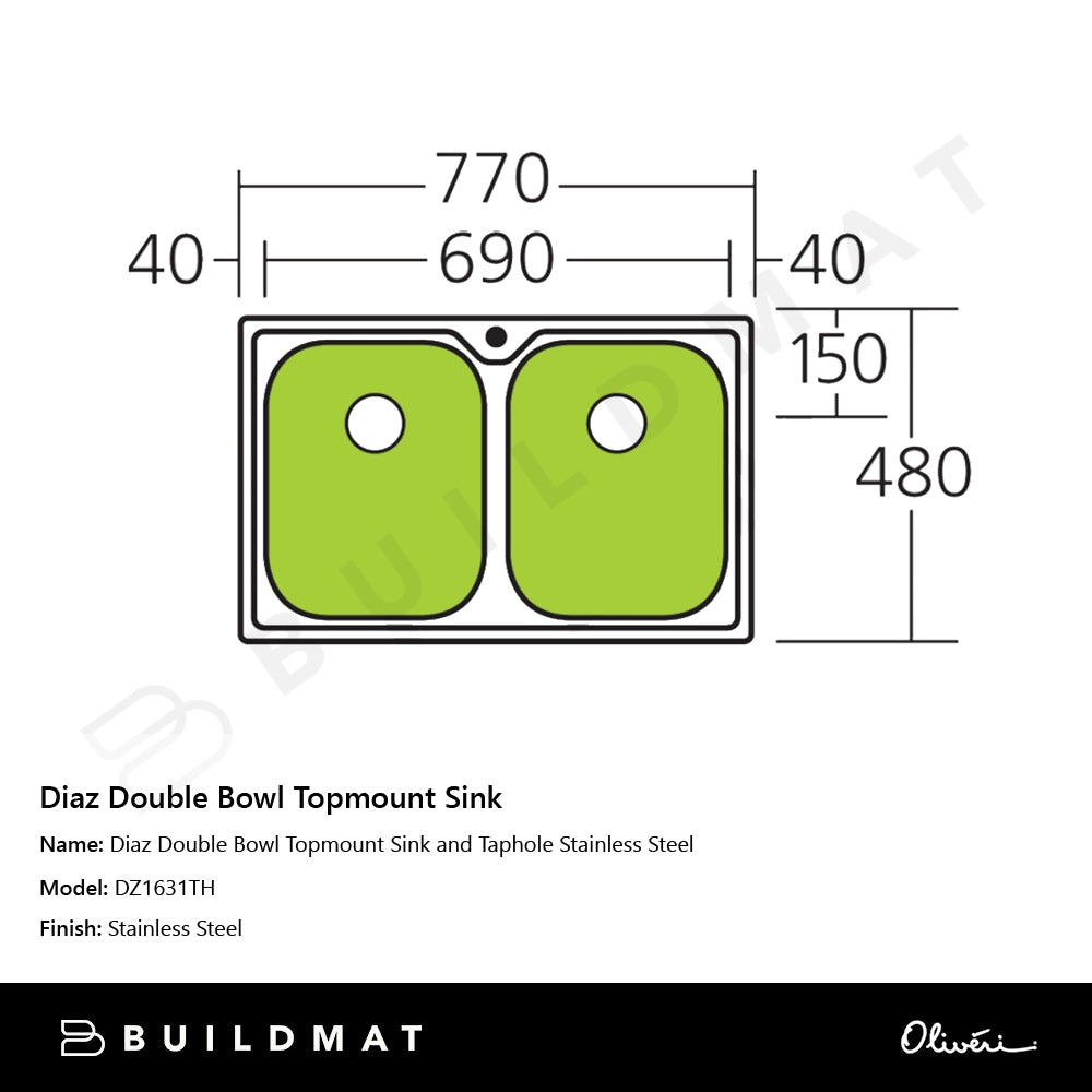 Oliveri Diaz Double Bowl Topmount Sink and Taphole Stainless Steel