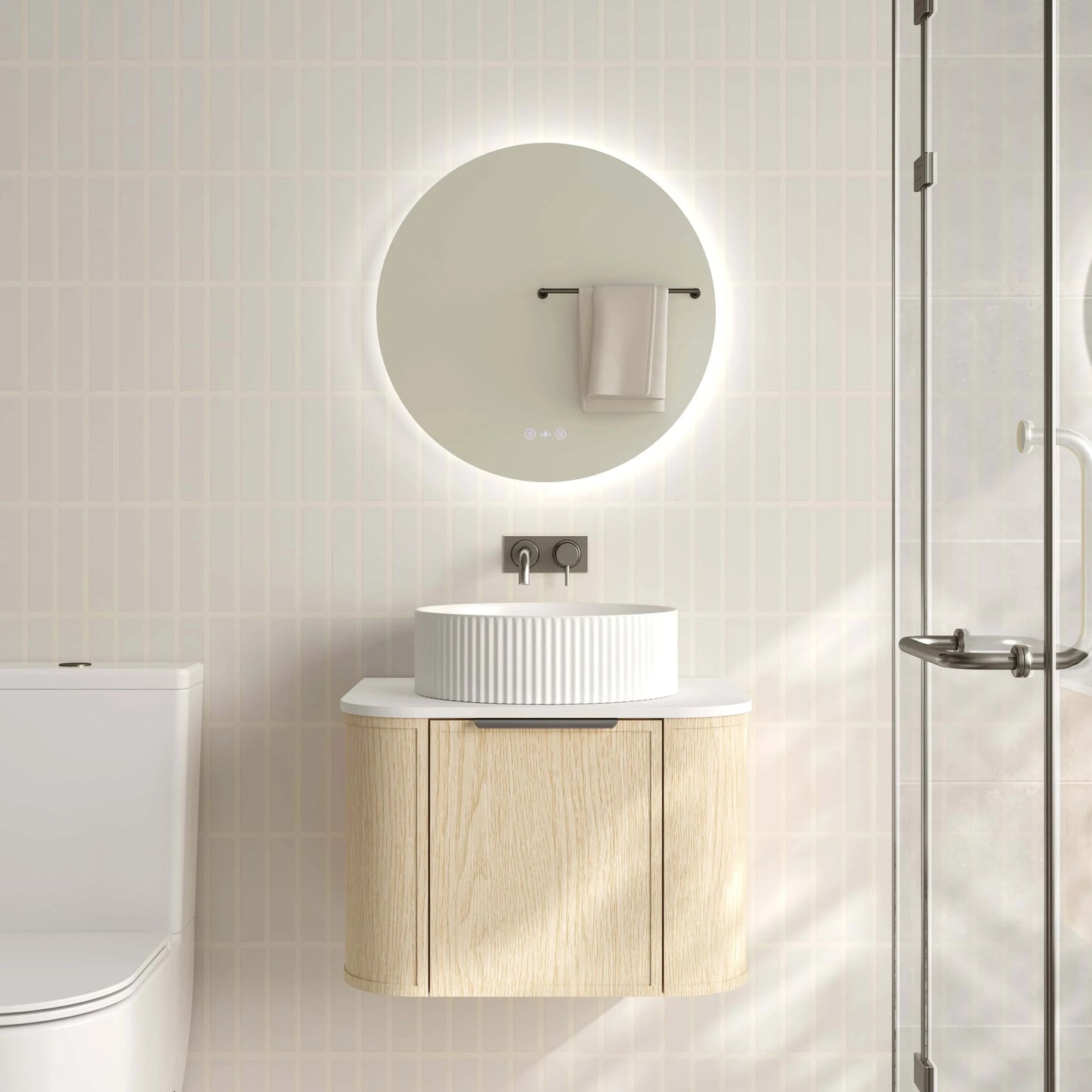 Elva 600mm Wall-Hung Cabinet - Natural Oak - 600mm / Brushed Brass / Natural Oak Cabinet & White Stone Top