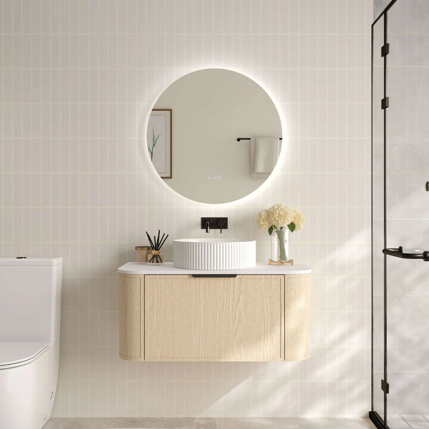 Elva 900mm Wall-Hung Cabinet - Natural Oak - 900mm / Brushed Nickel / Natural Oak Cabinet & White Stone Top