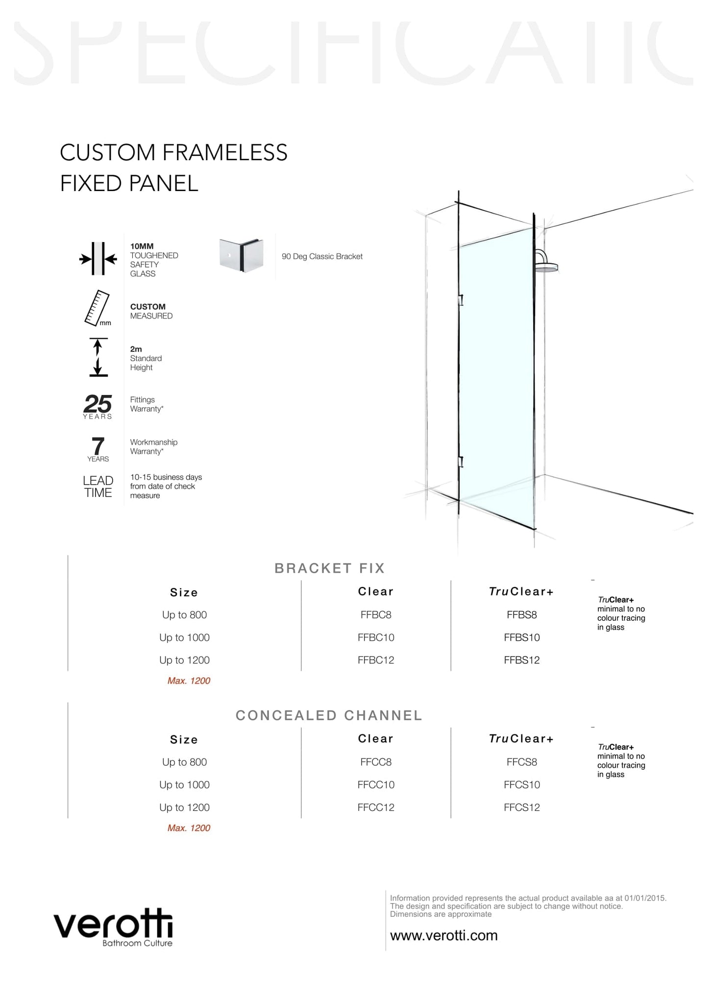 Custom Frameless Fixed Panel - Up to 1200 / Bronze / Concealed Channel