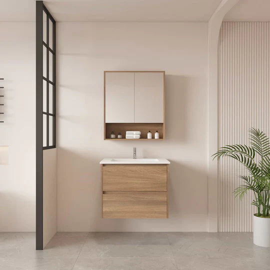 HERA 600mm Wall-Hung Vanity - Elegant Oak - 600mm / Elegant Oak Cabinet + Luna White Stone Top