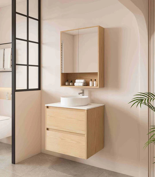 HERA 600mm x 780mm Shaving Cabinet - Tas Oak - Tas Oak Cabinet + Carrara White Stone Top