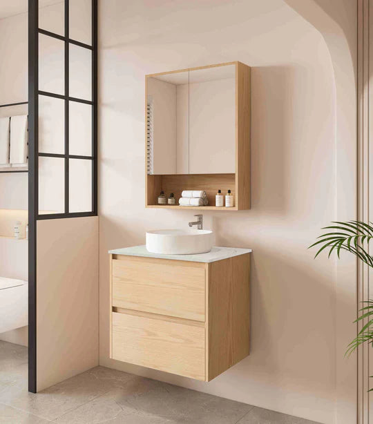 HERA 600mm x 780mm Shaving Cabinet - Tas Oak - Tas Oak Cabinet + Ceramic Top