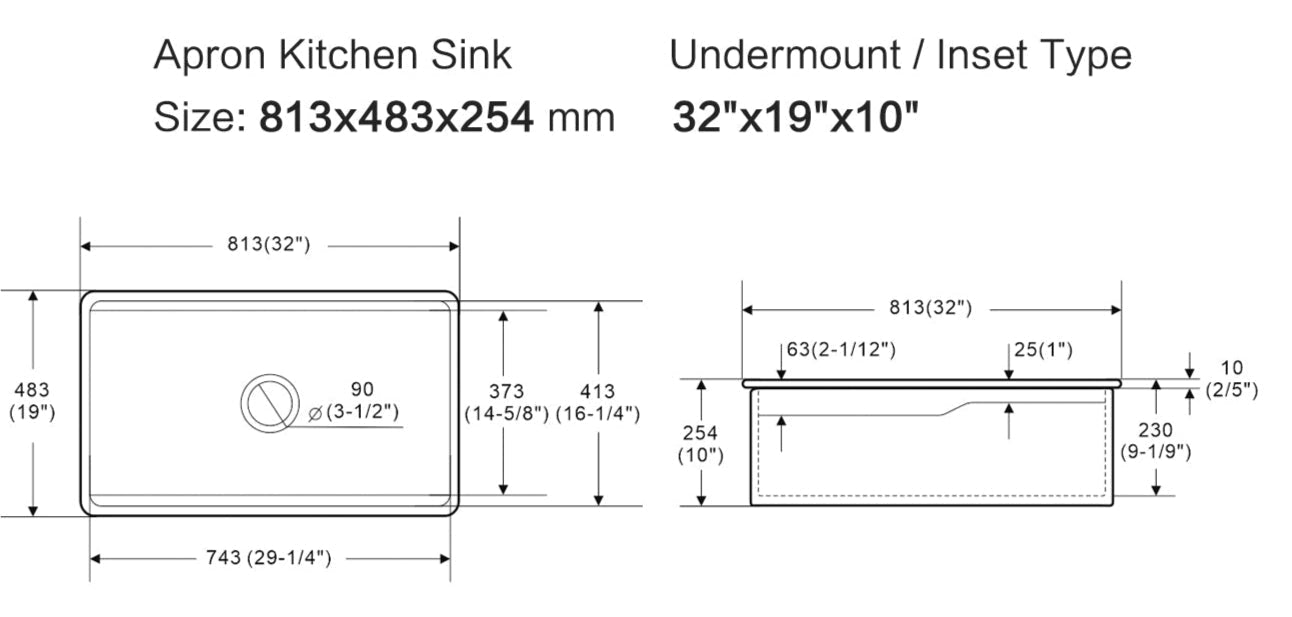 Vorona Fireclay Inset/Undermount Sink 813mm x 483mm x 255mm - Matte Black