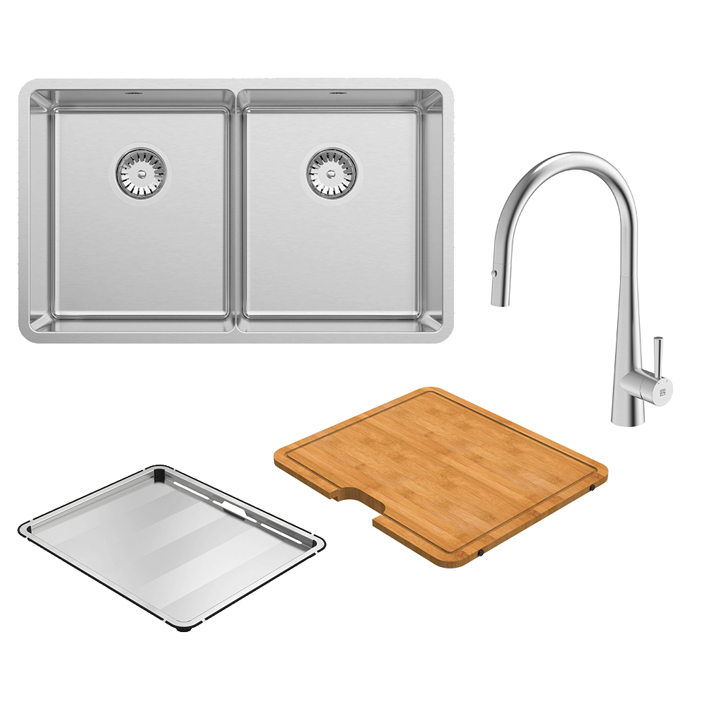 Lucia Double Bowl with KTA014-BR Kitchen Mixer, Drain Tray & Cutting Board