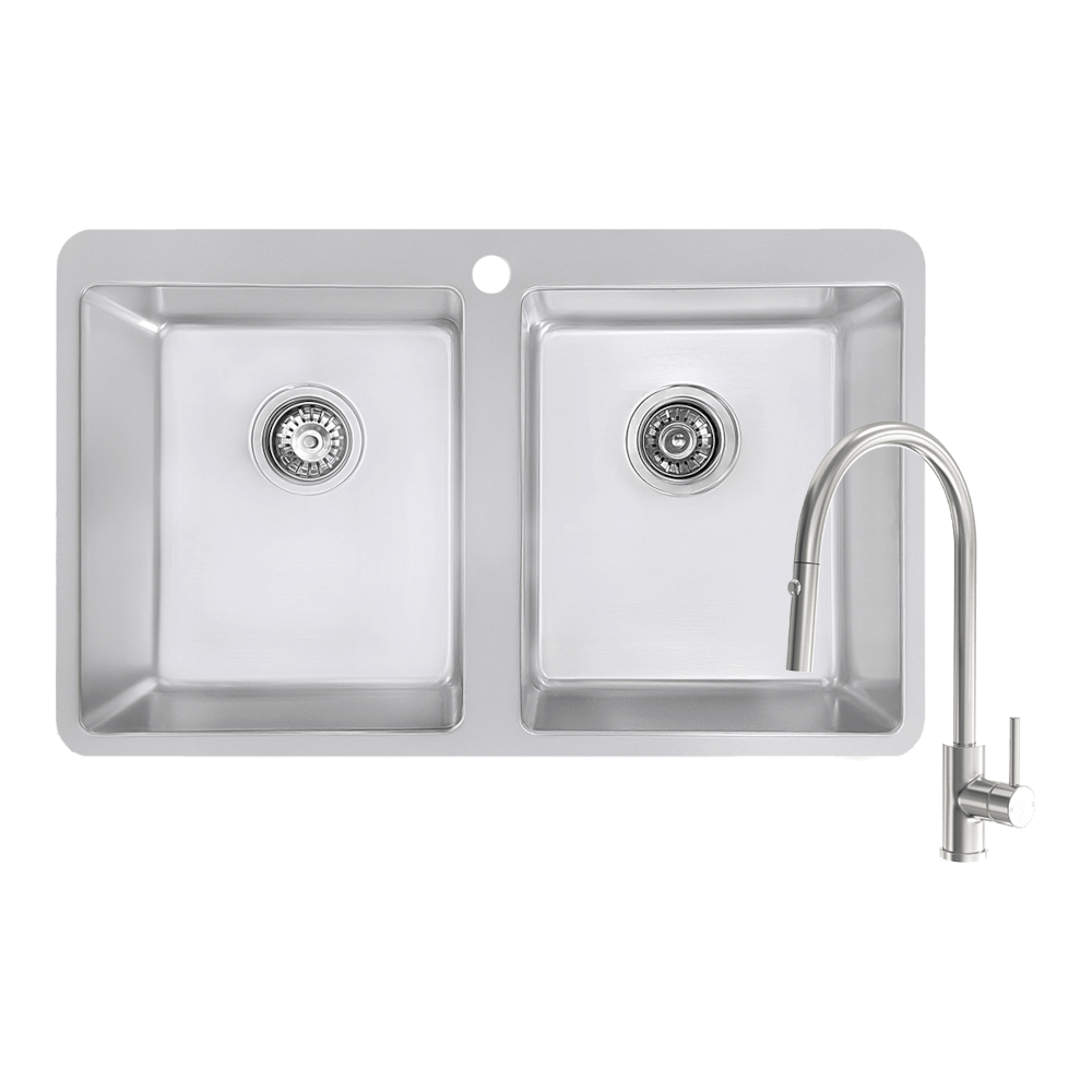 Abey Builders Double Bowl 1TH Sink & Pull Out Kitchen Mixer