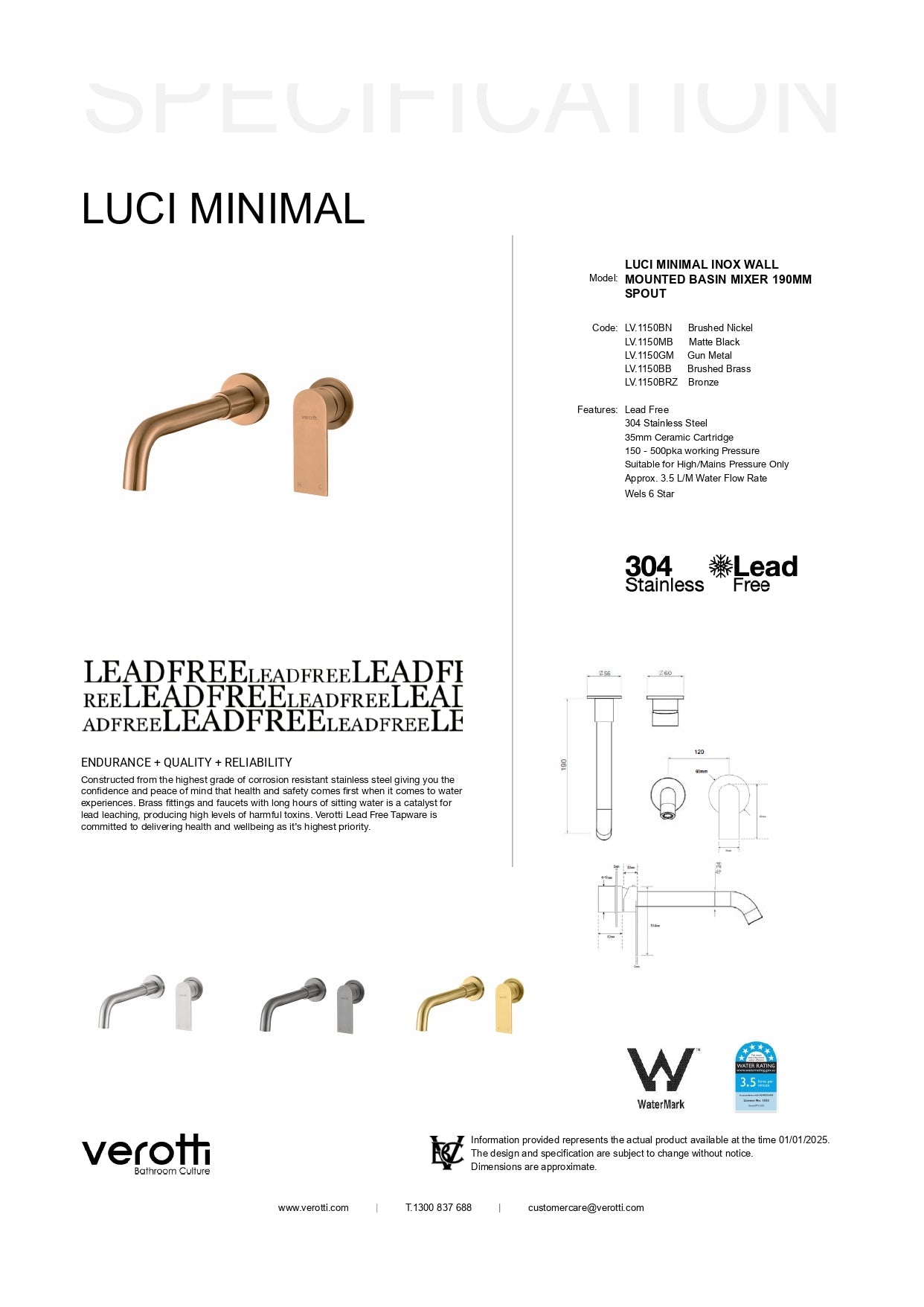 Luci Inox Minimal Wall Mounted Basin/Bath Mixer w/-190 Spout - Brushed Nickel