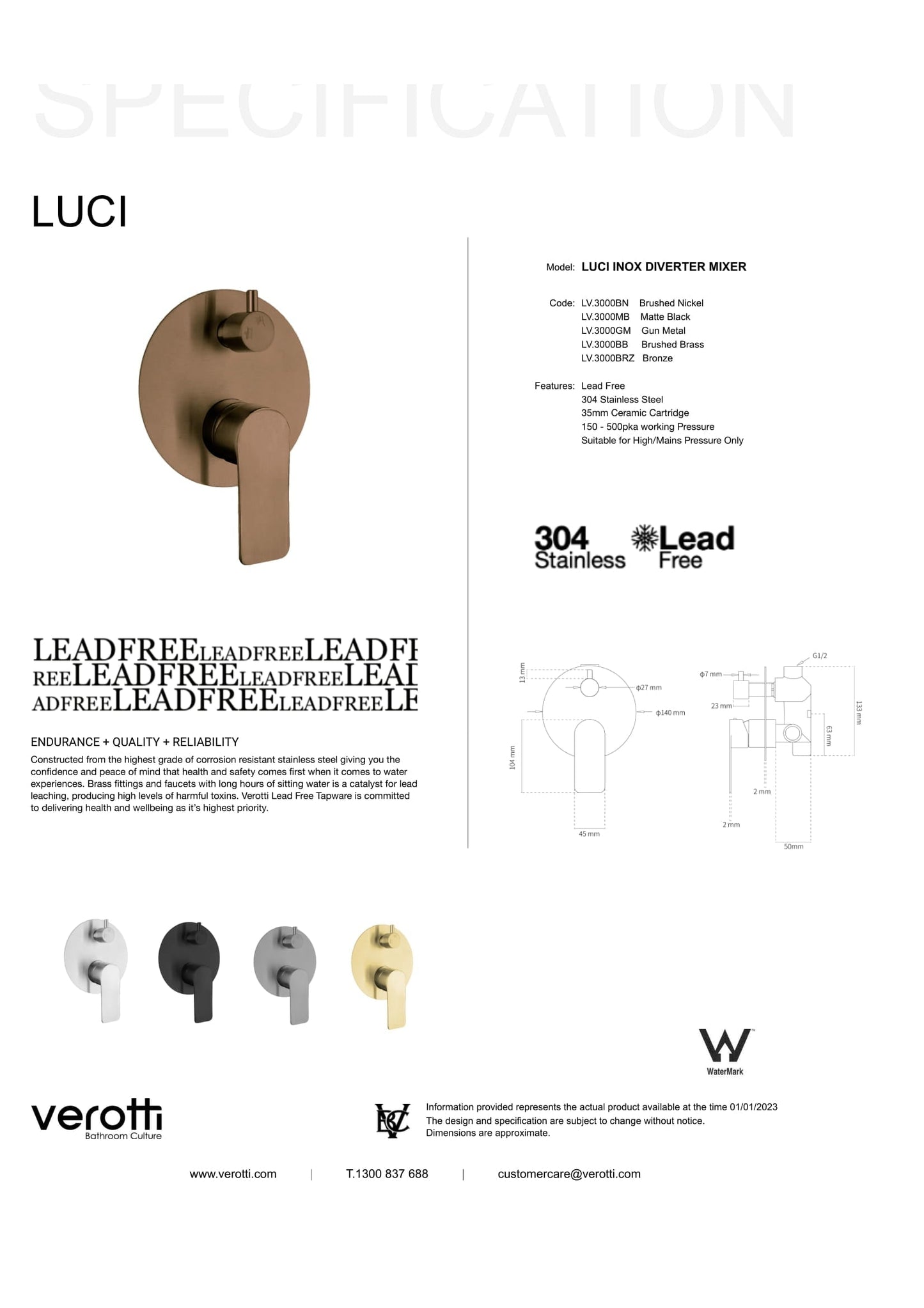 Luci Inox Shower & Bath Diverter Mixer