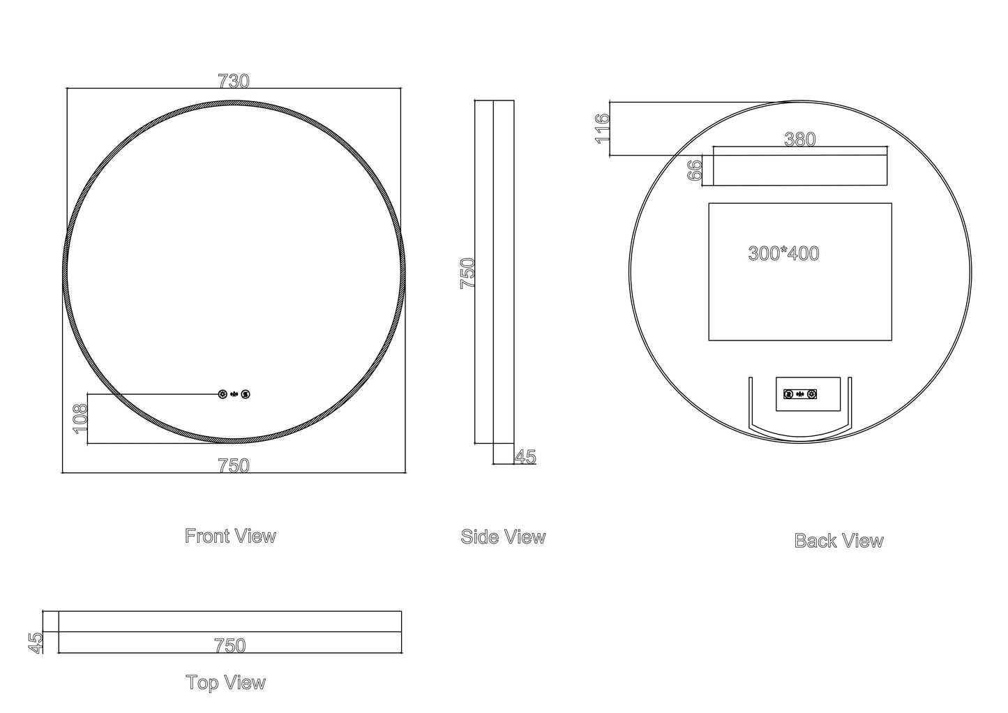 Maia 600/750/900mm LED Round Mirror – Gun Metal Frame - 900mm / Gun Metal