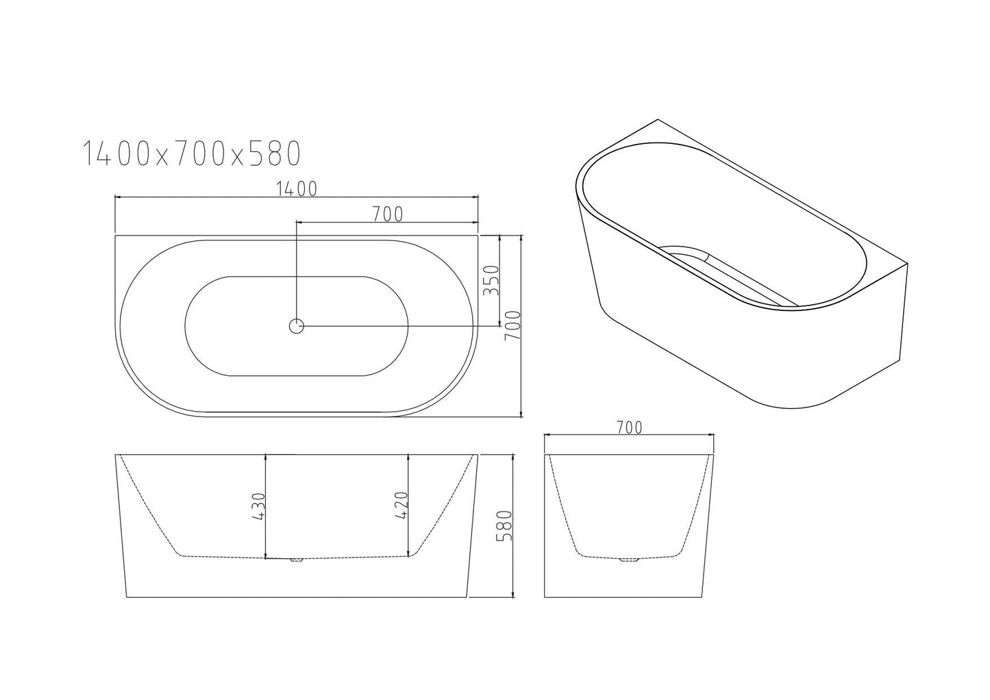 Musen Ultra-Thin Back-to-Wall Bathtub - 1400mm / Gloss White