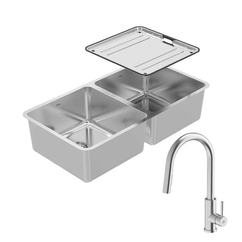 Lago Double Bowl Sink Package with 304 Gooseneck Pull Out Kitchen Mixer