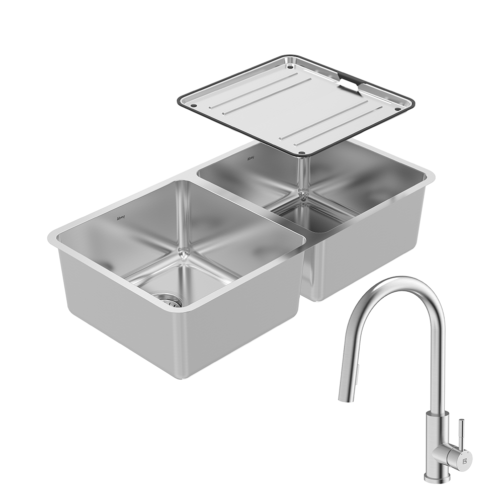 Lago Double Bowl Sink Package with 304 Gooseneck Pull Out Kitchen Mixer