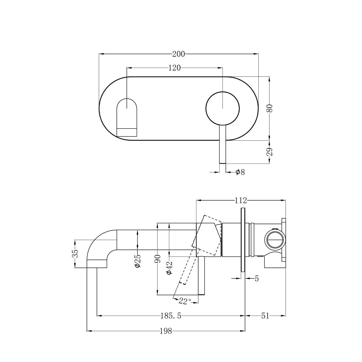 Zen SS 316L Wall Basin/Bath Mixer 185MM Spout - Reno Spares