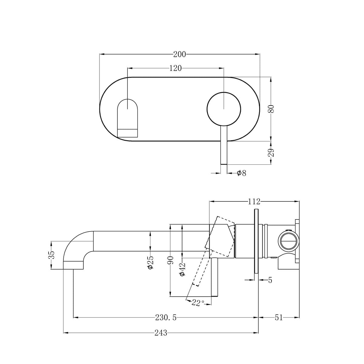 Zen SS 316L Wall Basin/Bath Mixer 230MM Spout - Reno Spares