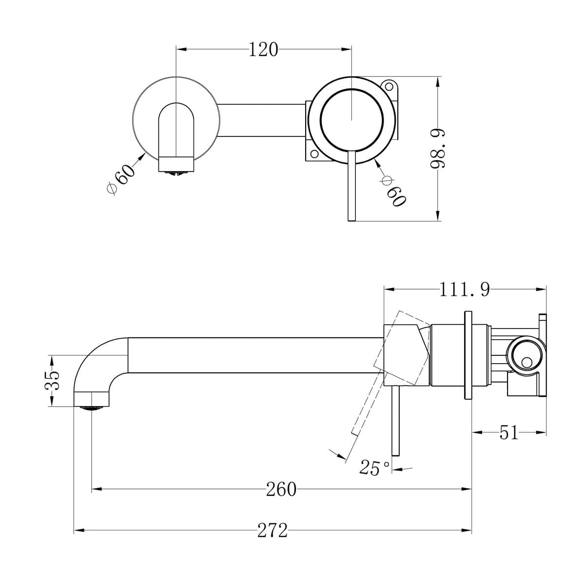Mecca Wall Basin/Bath Mixer Separate Back Plate 260MM Trim Kits Only - Reno Spares