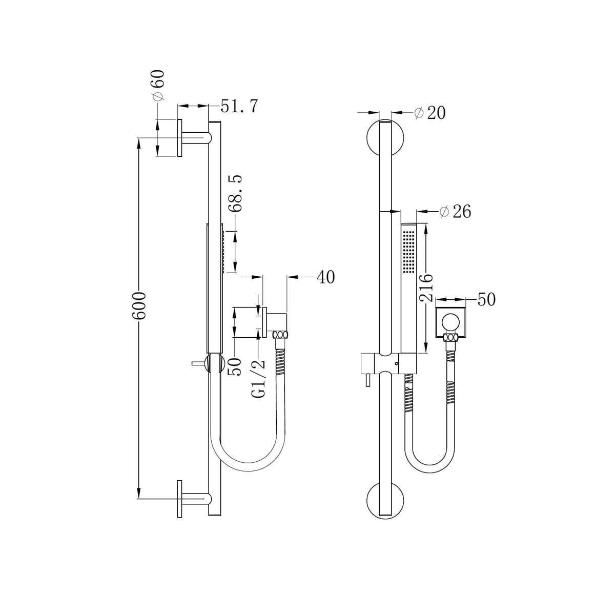 Dolce Shower Rail With Slim Hand Shower - Reno Spares