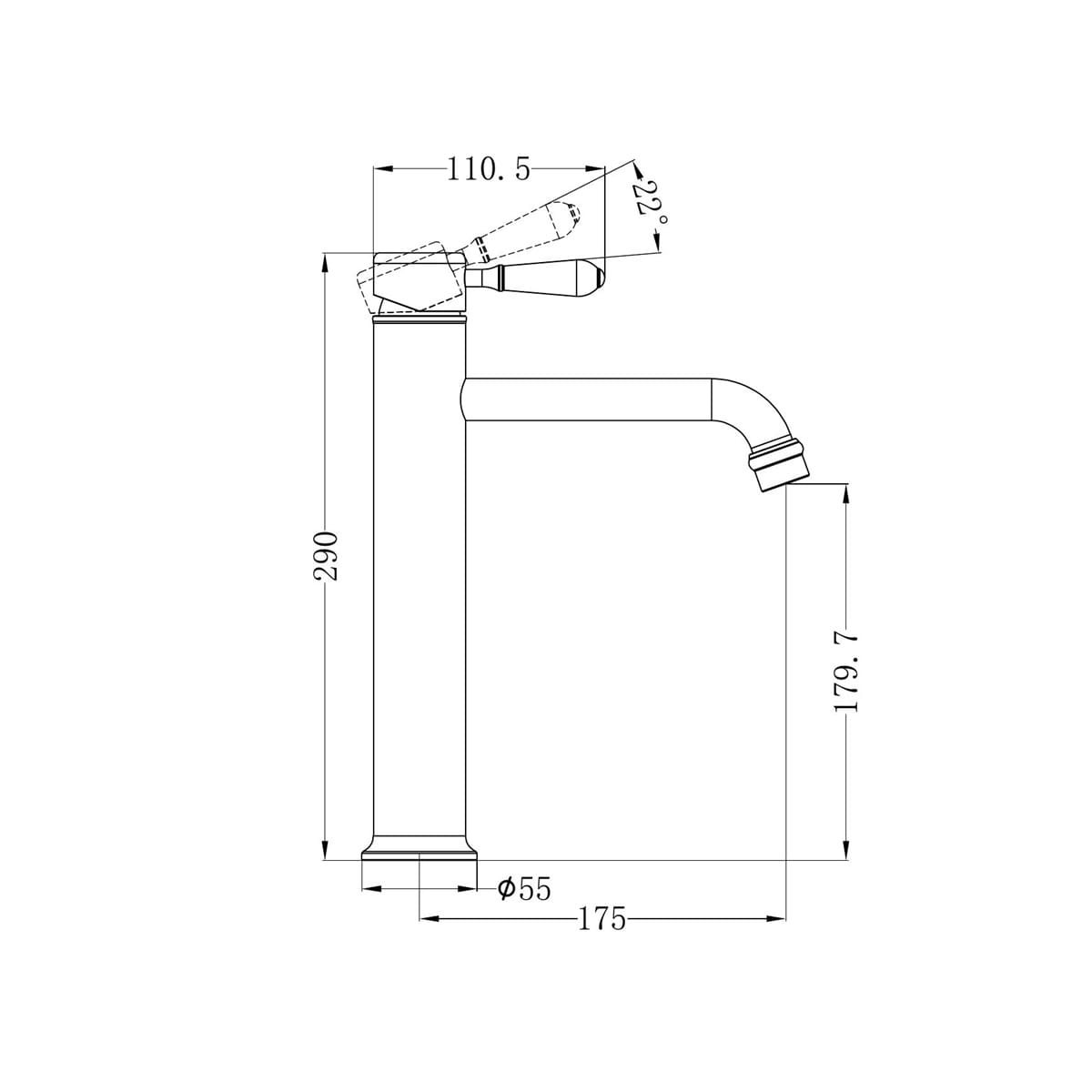 York Straight Tall Basin Mixer With Black Porcelain Lever - Reno Spares