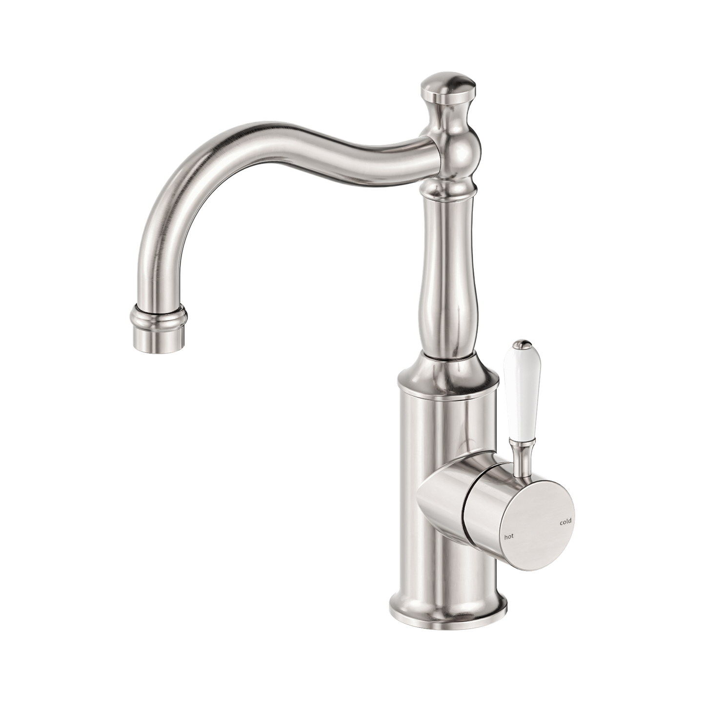York Basin Mixer Hook Spout With White Porcelain Lever Brushed Nickel