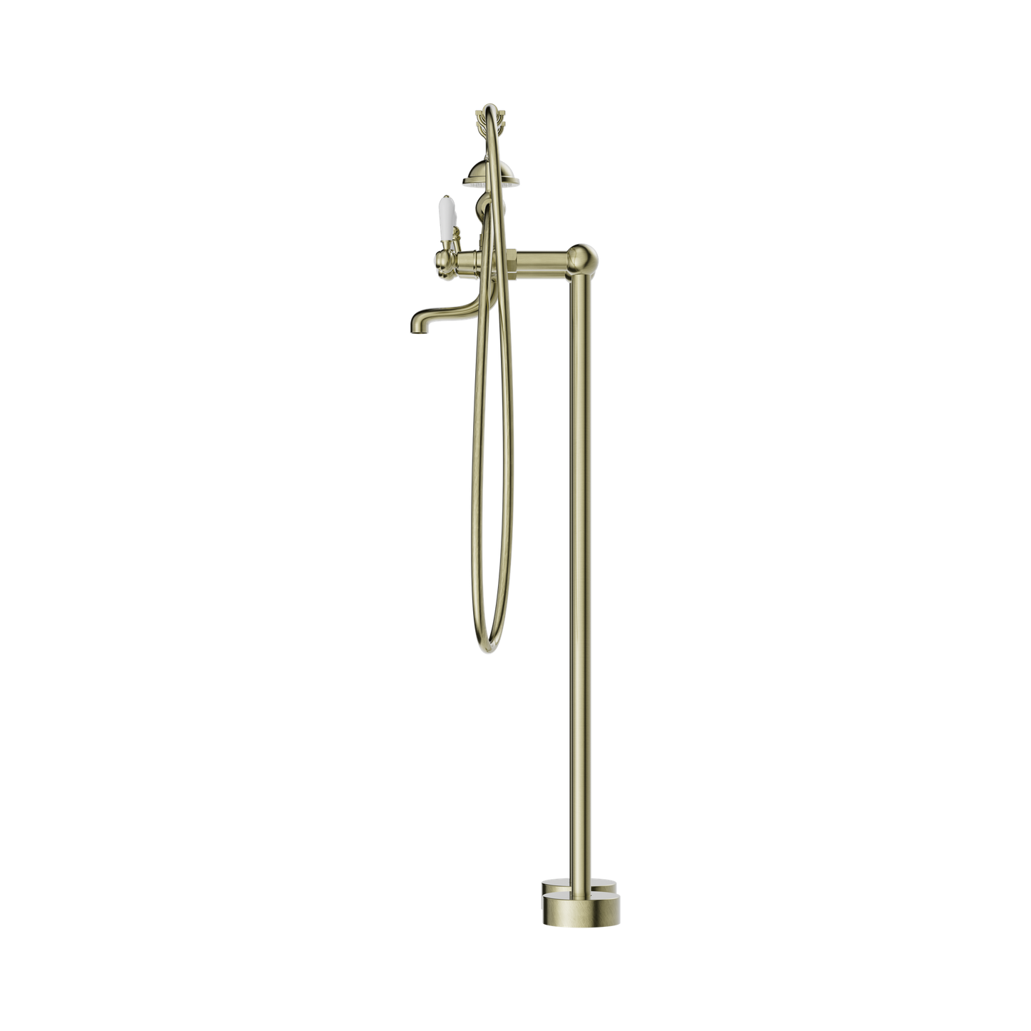 York Freestanding Bath Set With White Porcelain Hand Shower Aged Brass