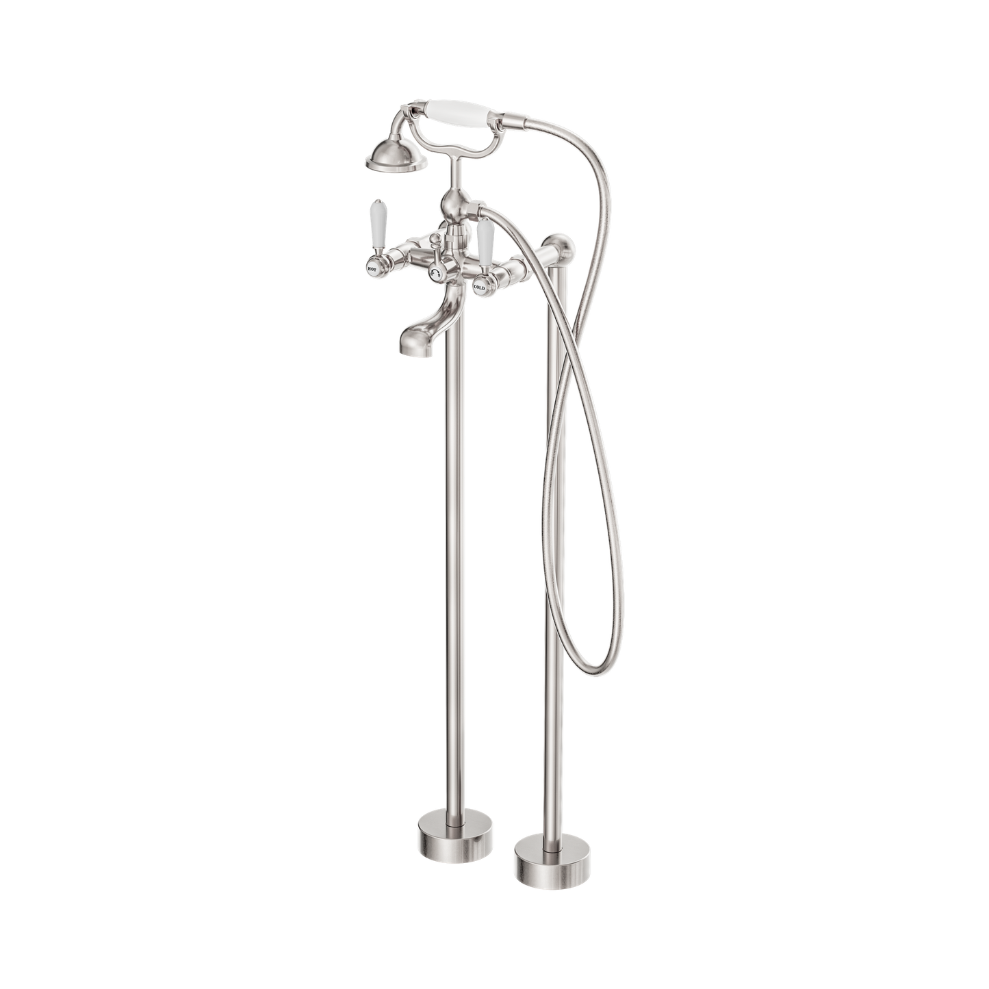 York Freestanding Bath Set With White Porcelain Hand Shower Brushed Nickel