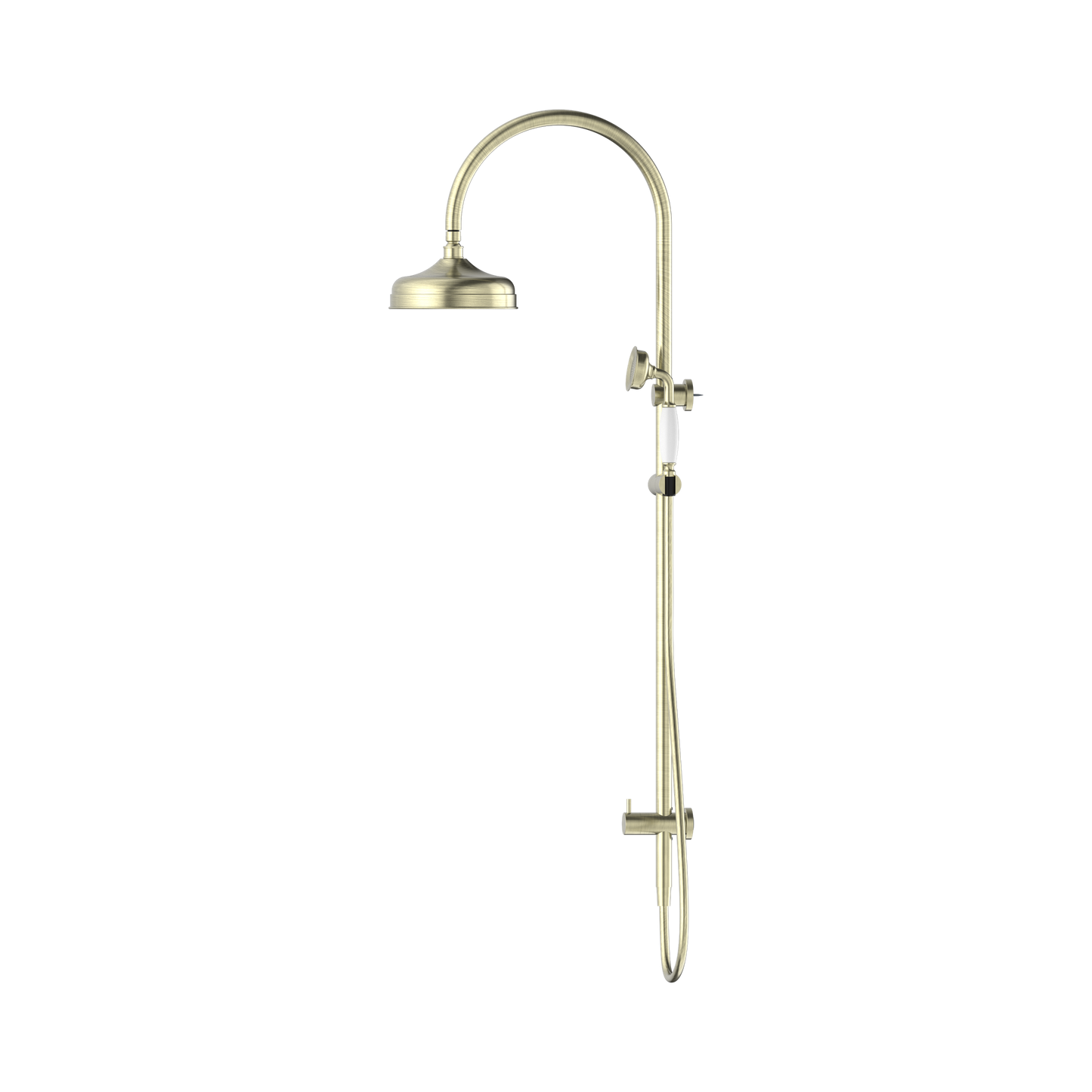 York Twin Shower With White Porcelain Hand Shower Aged Brass