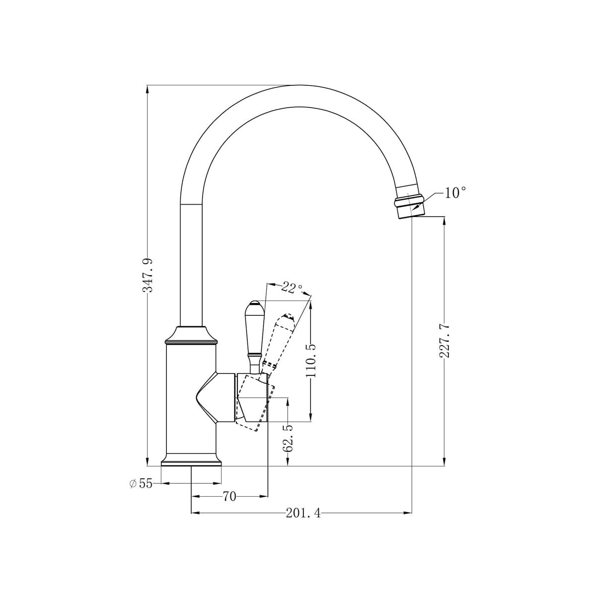 York Kitchen Mixer Gooseneck Spout With Black Porcelain Lever - Reno Spares
