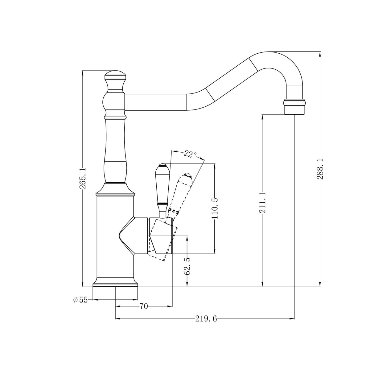 York Kitchen Mixer Hook Spout With Black Porcelain Lever - Reno Spares