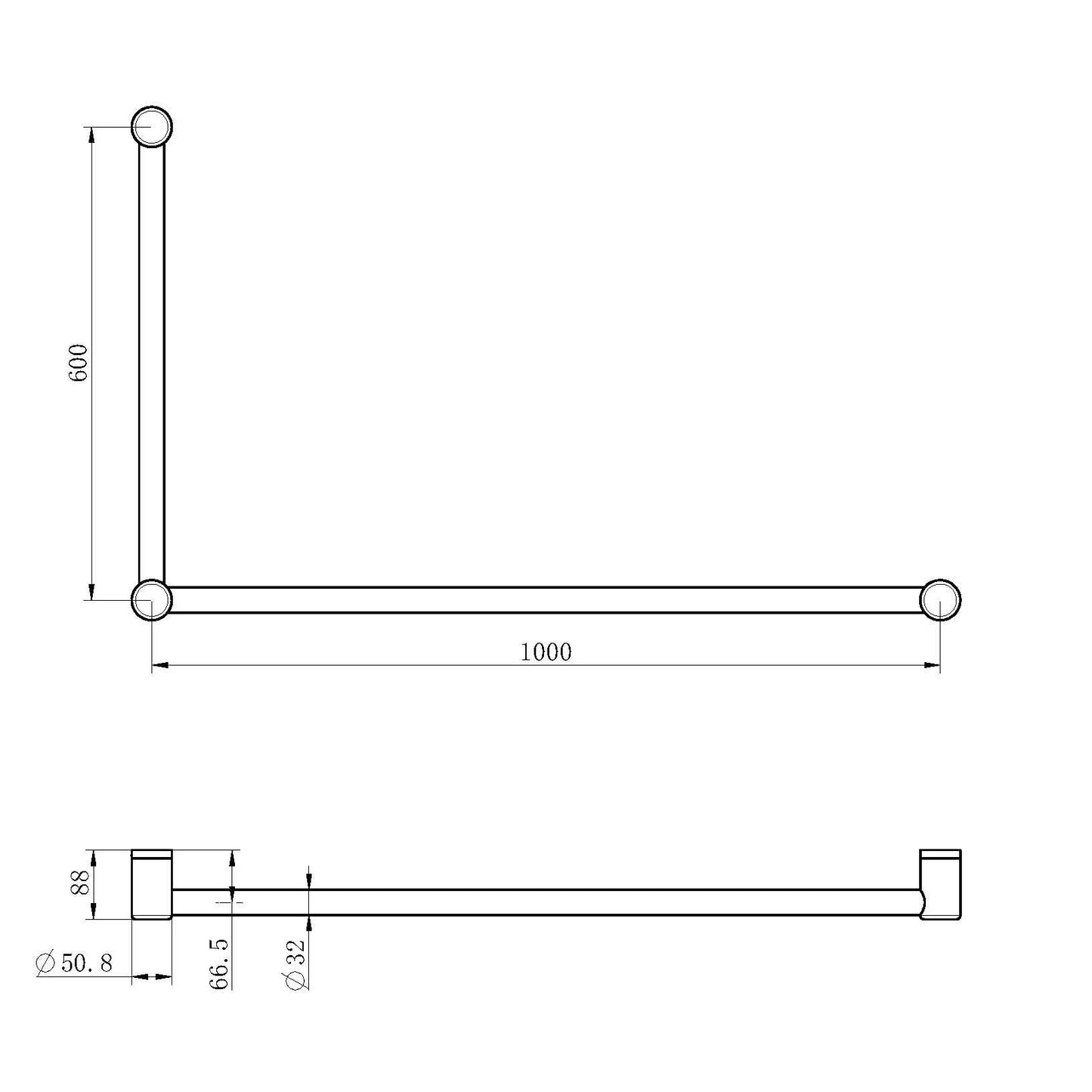 Nero Mecca Care 32mm DDA Grab Rail Set 90 Degree 600X1000mm, Gun Metal