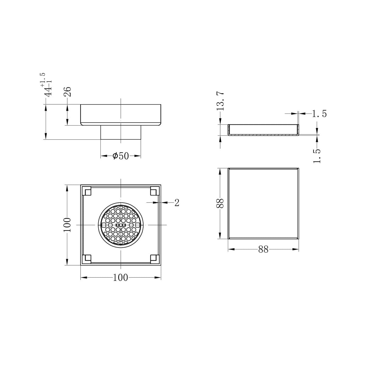 100MM Square Tile Insert Floor Waste 50MM Outlet - Reno Spares