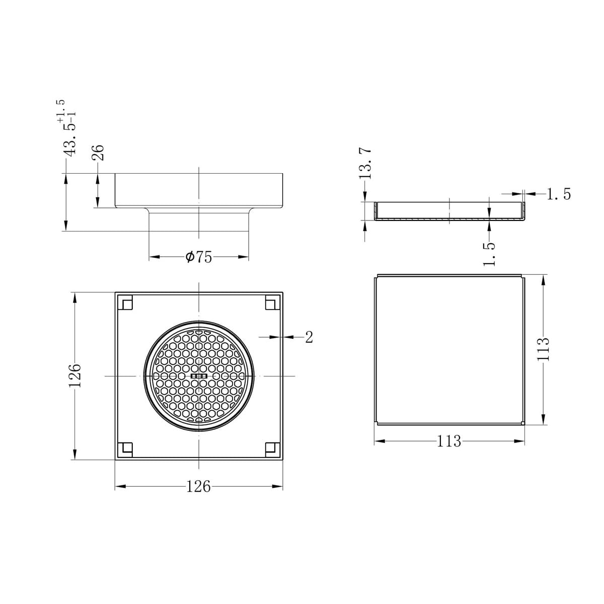 130MM Square Tile Insert Floor Waste 80MM Outlet - Reno Spares