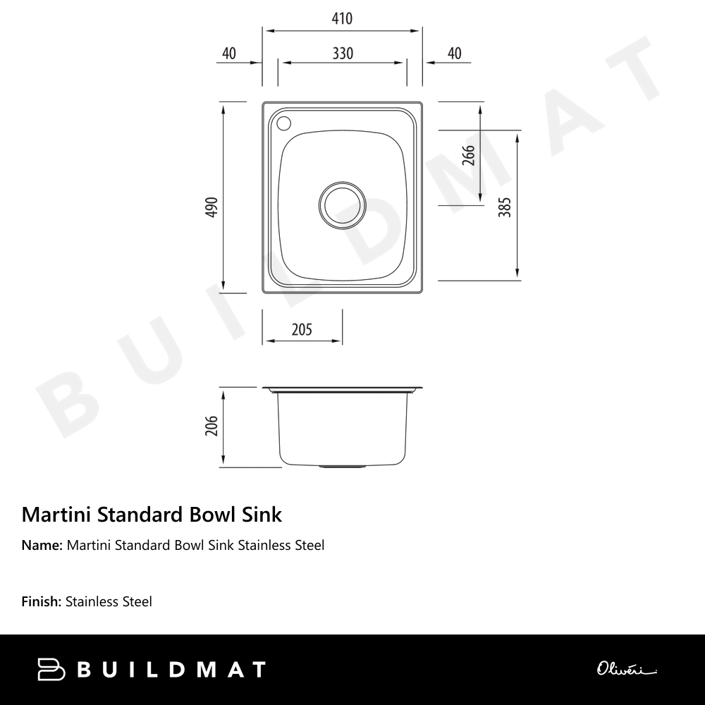 Oliveri Martini Standard Bowl Sink Stainless Steel with 1 Taphole