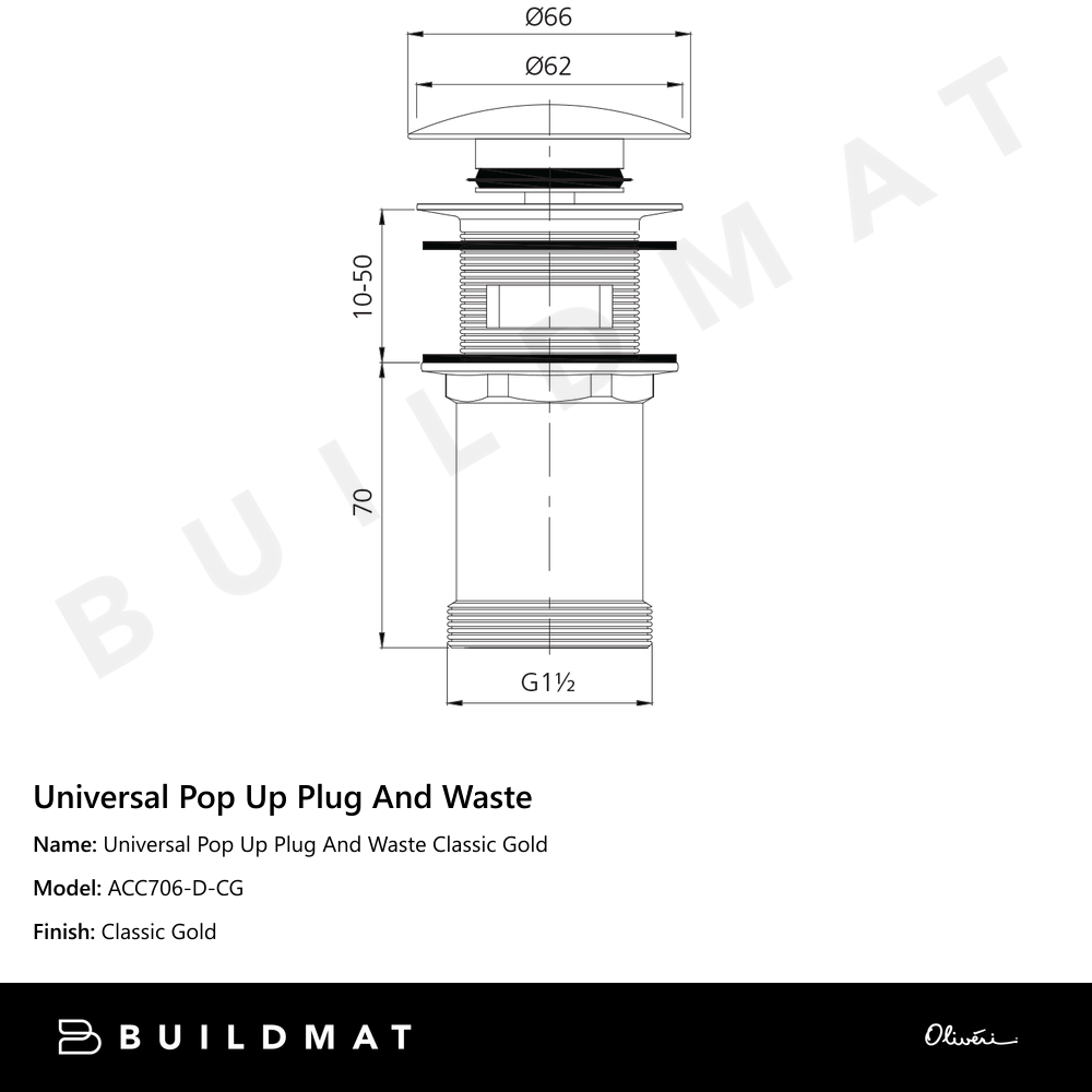 Oliveri Universal Pop Up Plug And Waste Classic Gold